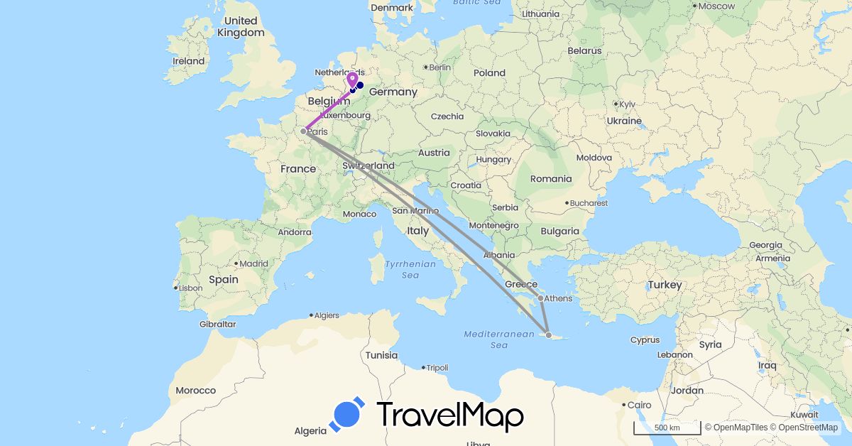 TravelMap itinerary: driving, plane, train in Germany, France, Greece (Europe)